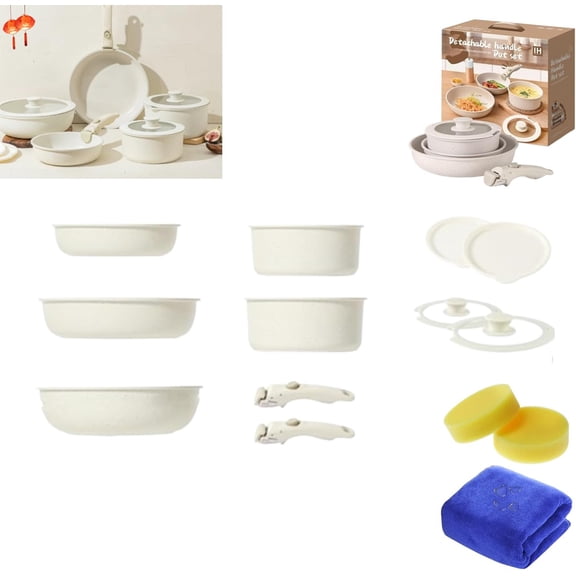 Gourmetific Cookware Set, Nonstick Detachable Handle Pan Set, Stackable Non-stick Set, Cream White (11 Piece Set)