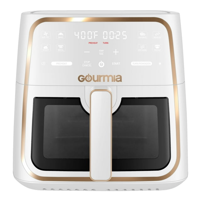 Gourmia 8 Qt Air Fryer, 8 Presets with Digital Display, FryForce 360° Technology, Easy View Window & Interior Light, Dishwasher Safe Basket, White