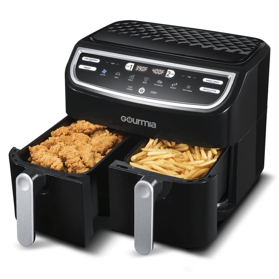 Gourmia 9 Qt 7-in-1 Dual Basket Digital Air Fryer with Smart Finish, BLK, 12.598 H, New