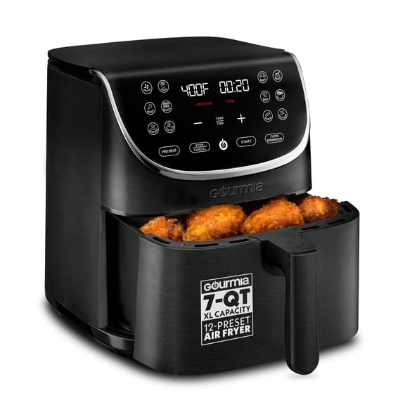 Gourmia 7 Qt Air Fryer, 12 Presets, Digital Display, FryForce 360°, Large Capacity, Black