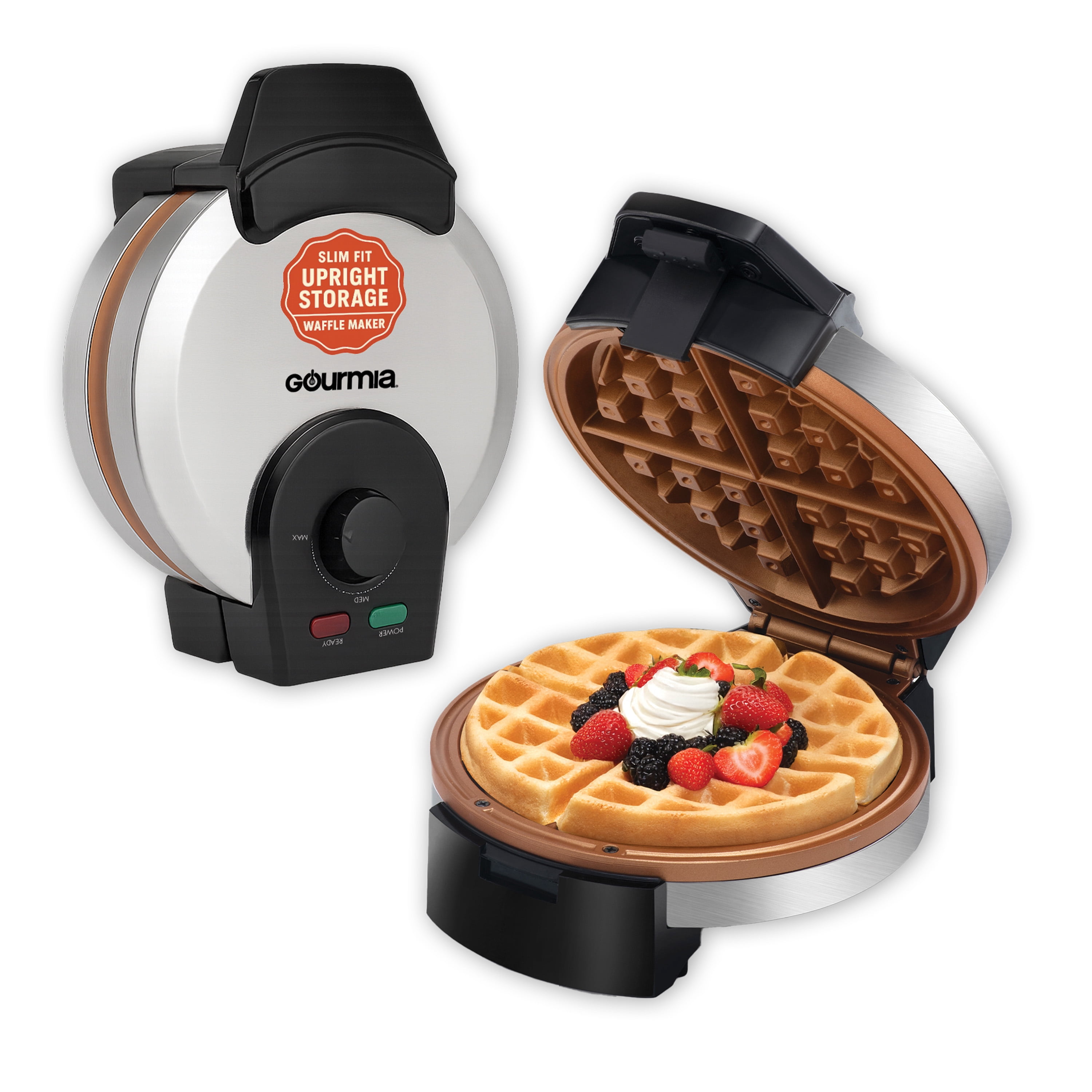 Gourmia Belgian Waffle Maker with Dual Heating, Nonstick Ceramic Plates & Browning Control