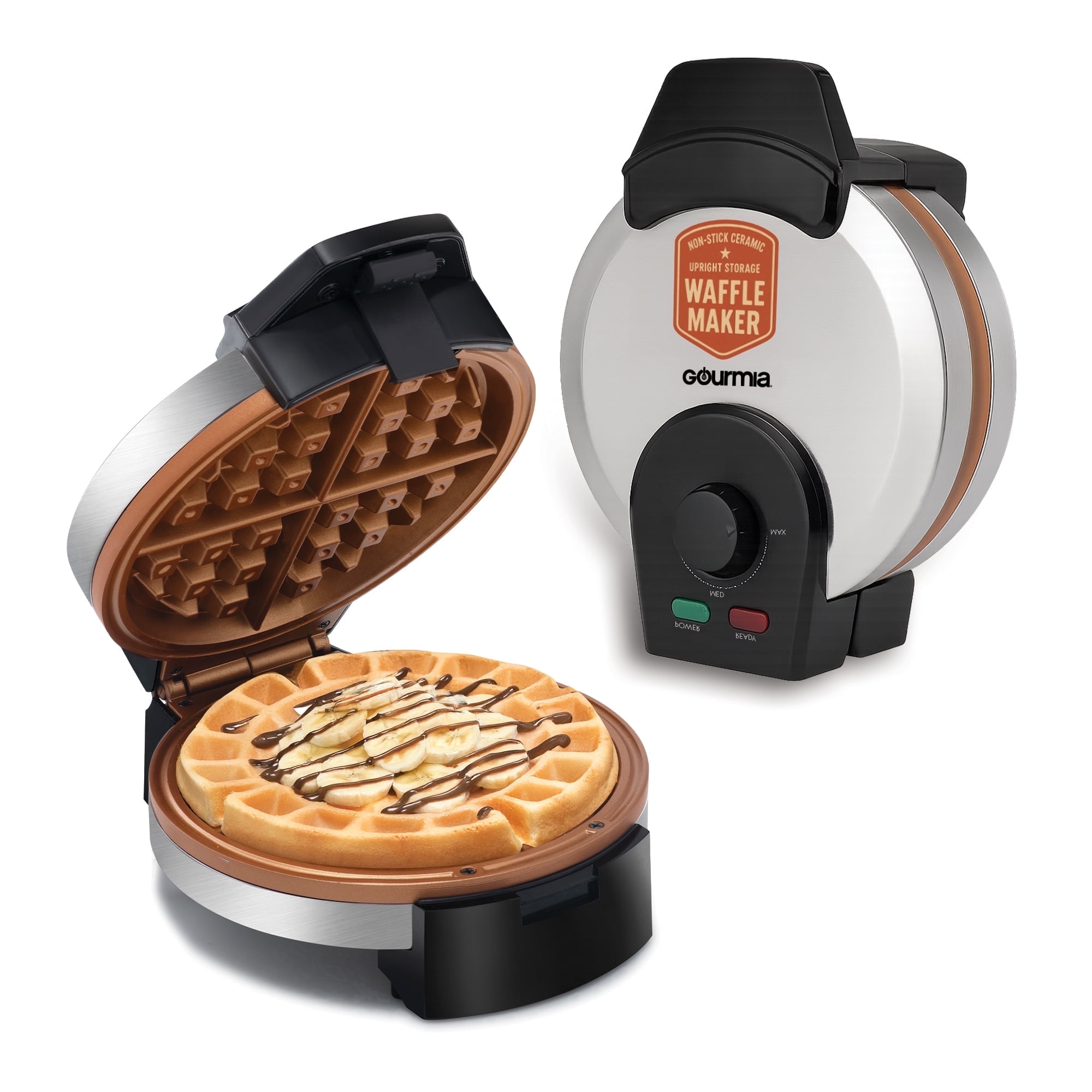 Gourmia Belgian Waffle Maker Adjustable Browning, Nonstick Ceramic Plates, Stainless Steel