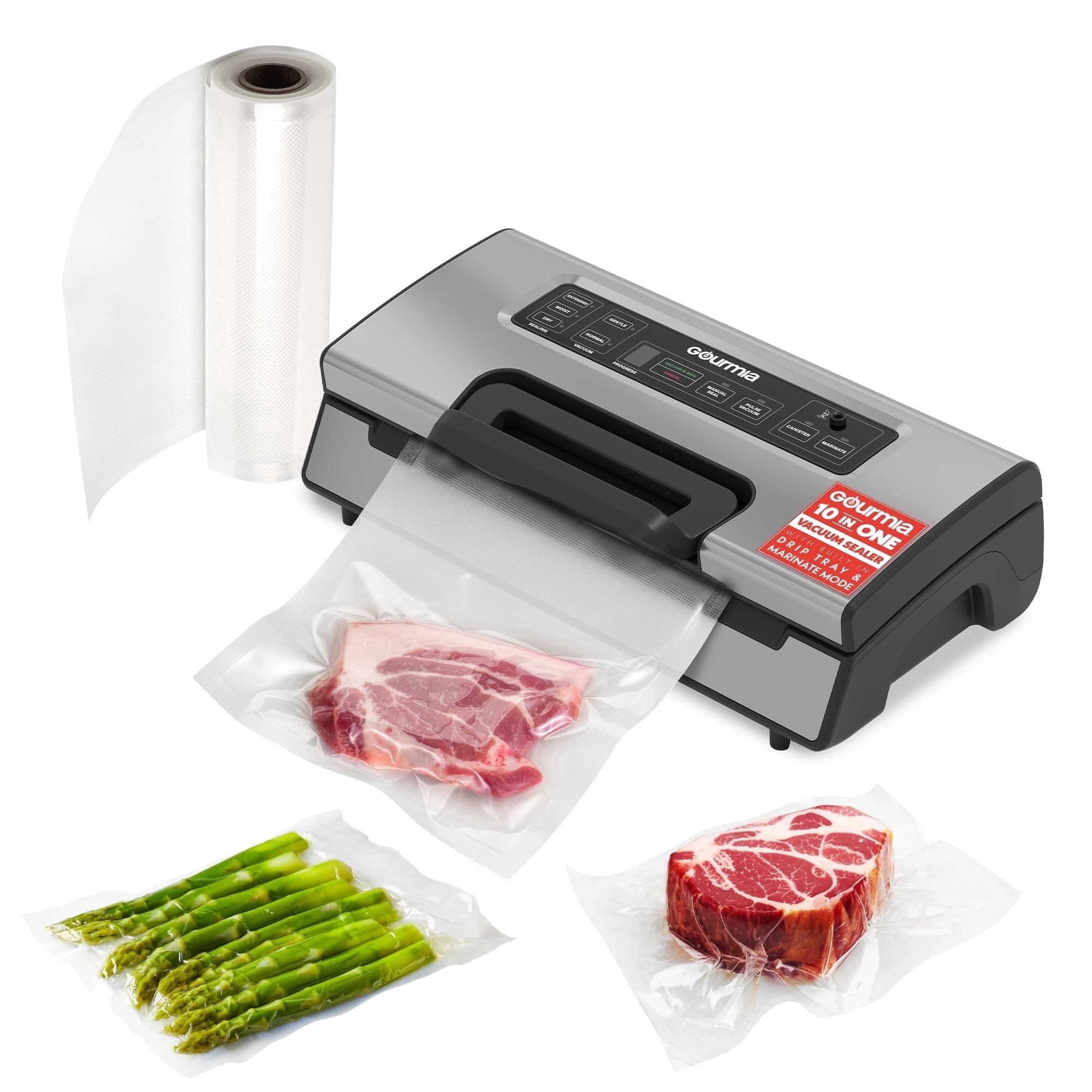 Gourmia Vacuum Sealer, Adjustable Seal and Pressure Settings, Built-In Bag Cutter, Stainless Steel