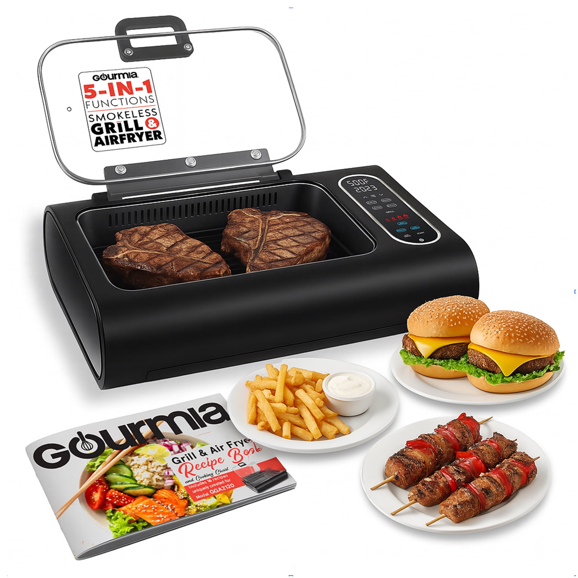 Gourmia FoodStation 5-in-1 Smokeless Indoor Grill & Air Fryer with Guided Cooking – 510°F, Dishwasher-Safe, Black