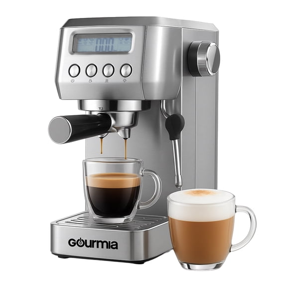 Gourmia Slim Espresso Machine with 20-Bar Pump, LCD & Milk Frother, 1350W Stainless Steel