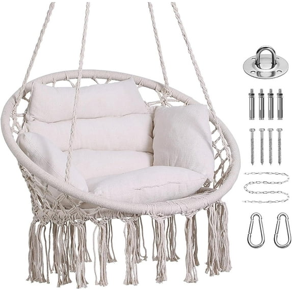 Hammock Chair, Macrame Hanging Swing Chairs with Cushion and Hardware Kit,Adult Boho Swings for Outside,Patio,Balcony,Bedroom (Beige)