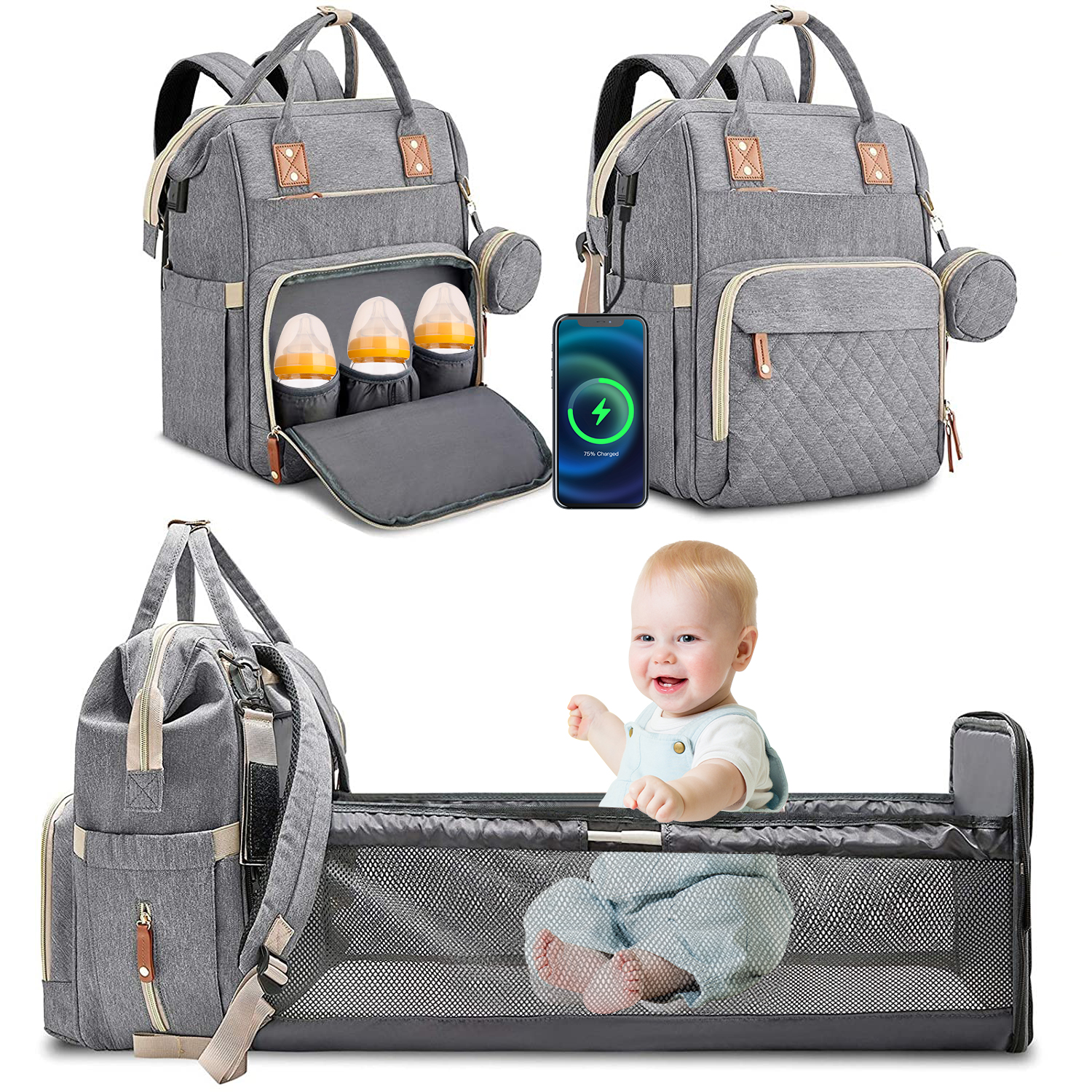 WiseWater Diaper Bag Backpack with Changing Station, USB Charging Port ...