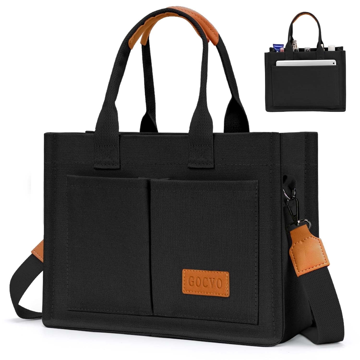 Gocvo Canvas Tote Bag for Women, Large Multi-Pocket Shoulder Handbag, Crossbody Messenger Bag, Black