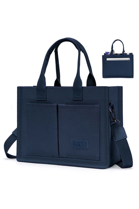 Canvas Tote Bag for Women, Large Multi-Pocket Shoulder Handbag, Crossbody Messenger Bag, Dark Blue