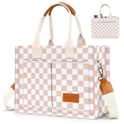 Gocvo Canvas Tote Bags for Women, Large Multi-Pocket Shoulder Handbag, Crossbody Messenger Bag, Khaki Plaid