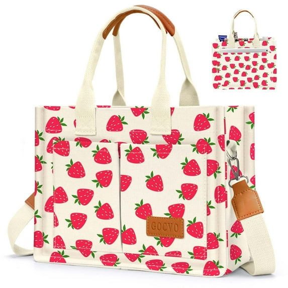Gocvo Canvas Tote Bag for Women, Large Multi-Pocket Shoulder Handbag, Crossbody Messenger Bag, Strawberry