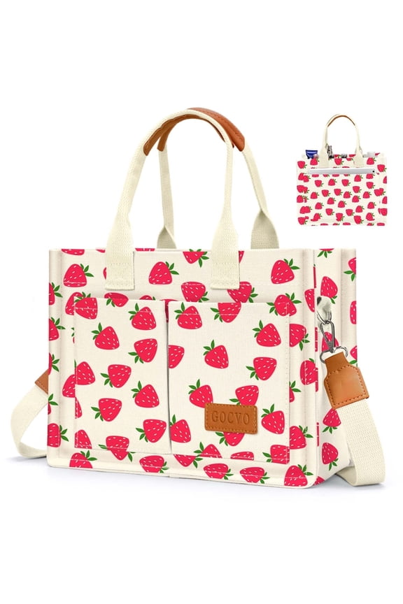 Canvas Tote Bag for Women, Large Multi-Pocket Shoulder Handbag, Crossbody Messenger Bag, Strawberry