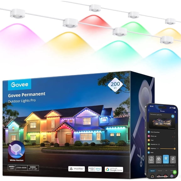 Govee Permanent Outdoor Lights Pro, 200ft with 120 RGBIC LED Lights for Daily and Accent Lighting, 75 Scene Modes for Patio Decor, IP67 Waterproof, Works with Alexa, Google Assistant, Matter, White