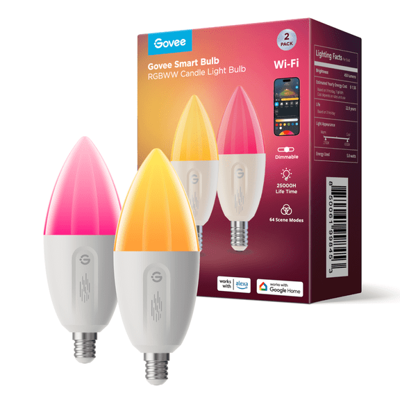 Govee Smart Candle LED Bulb,RGBWW Millions of Colors Changing Effect, 450LM,Voice Control,Support Alexa,Google Assistant,Matter,2 Packs