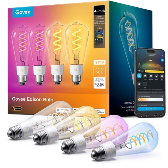 Govee 500LM RGBWW Smart ST19 LED Bulb 4 Pack, 64+ Scene Modes, Classic Design Bulb, High-Density COB Light Strips, Smart Control