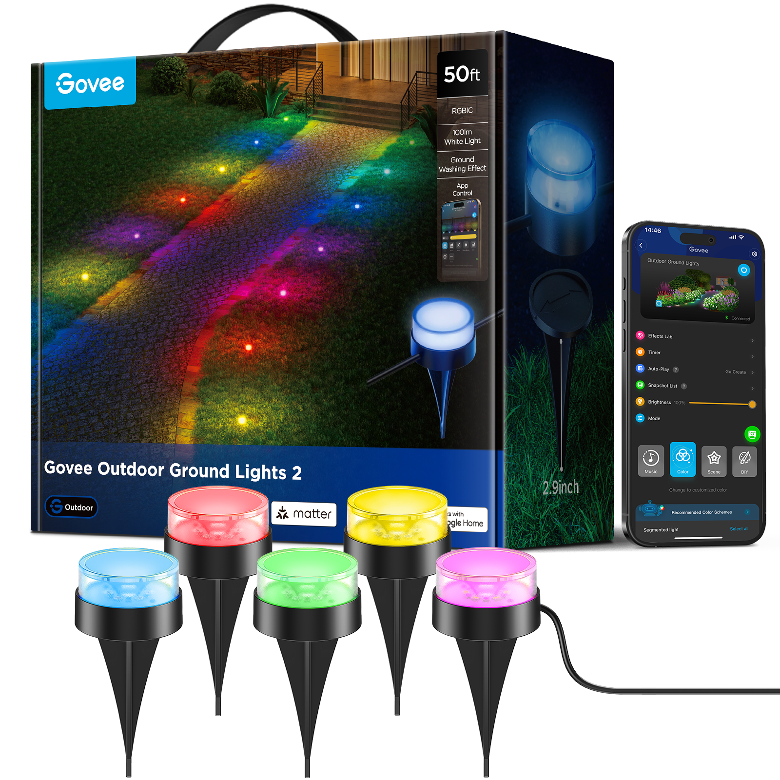 Govee Outdoor Ground Lights 2, 15 Pack RGBIC Pathway Lights with 100LM Warm White, IP67 Waterproof, 63 Scene Modes, Works with Alexa, Google Assistant