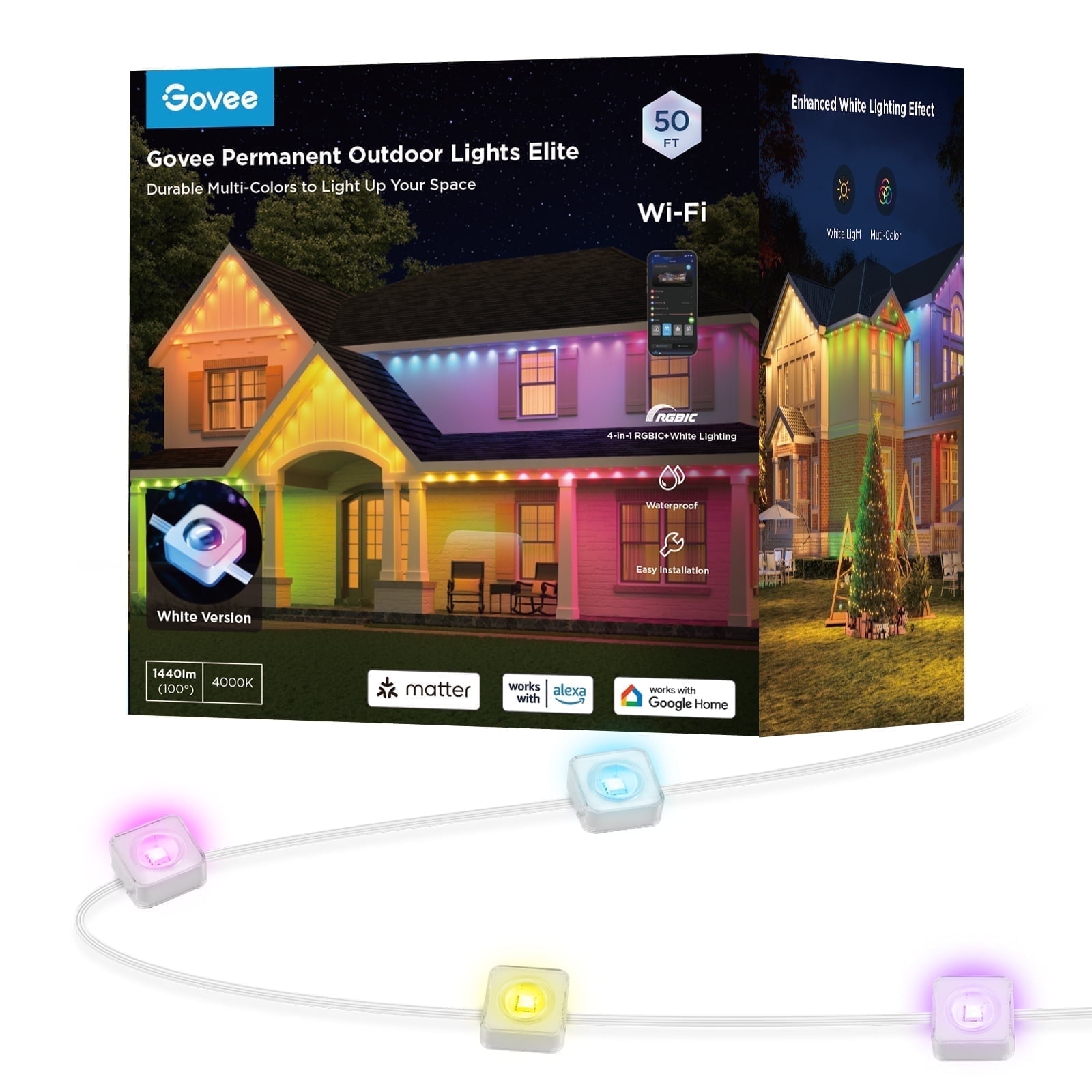 Govee Permanent Outdoor Light Elite, H805BA01, Outdoor Lights with 100 Preset Modes, Holiday Decorations for Christmas, Google & Alexa Support,White, 50ft