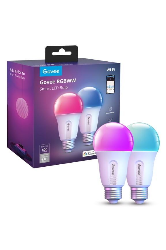 Smart LED Bulbs A19 800LM, 9W RGBWW Color-Changing Light Bulbs, E26 Base, 2-Pack, WiFi + Bluetooth
