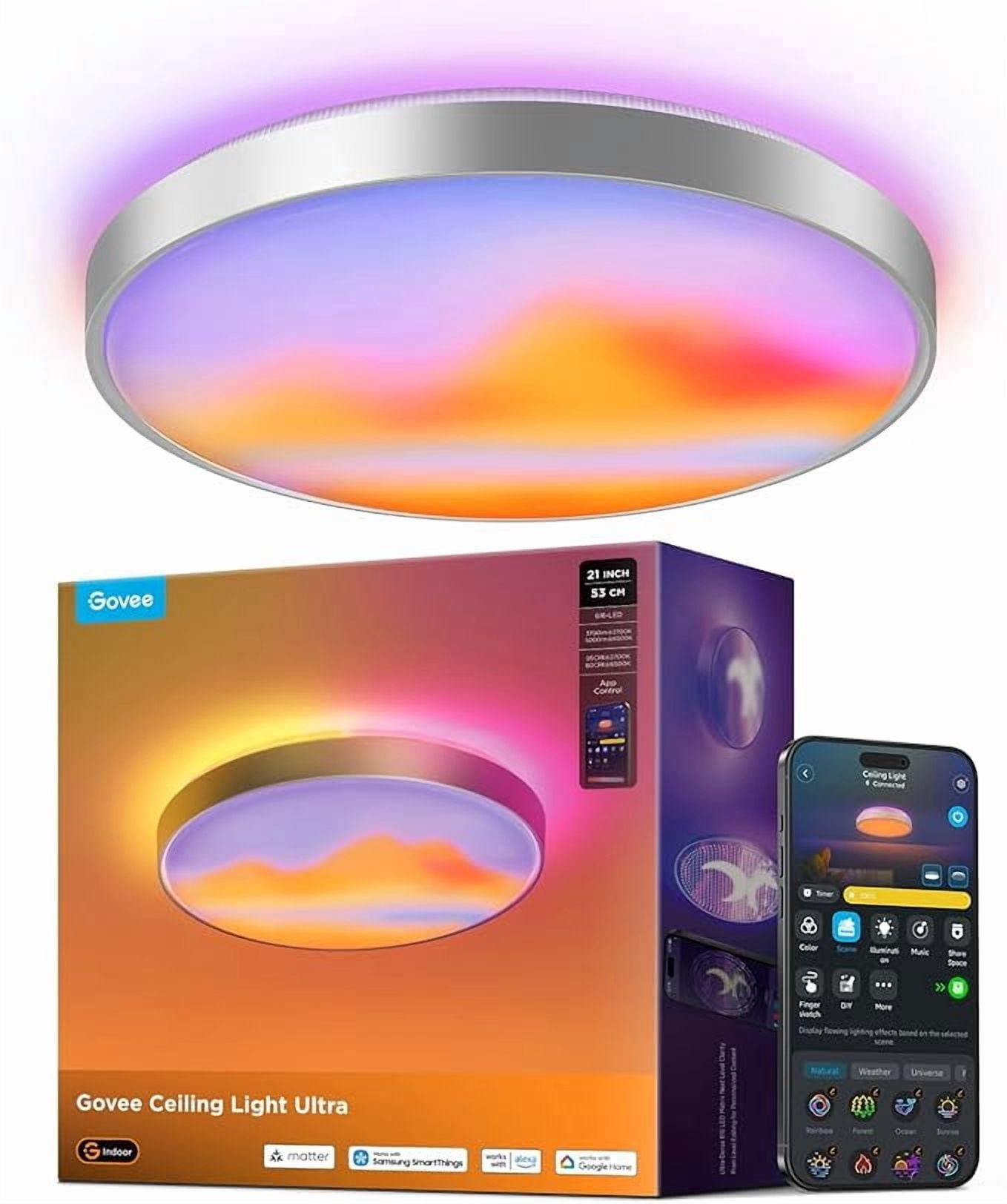Govee Ceiling Light Ultra 21 Inch, 5000LM Smart Flush Mount Ceiling Light Fixture, Compatible with Matter & Alexa, RGBIC & Tunable White 2700K-6500K, DIY Ceiling Canvas for Bedroom, Living Room