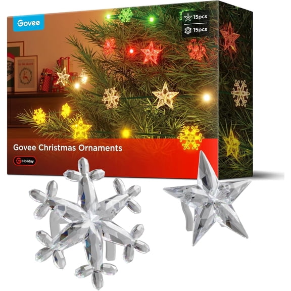 Govee Christmas Ornaments,Govee Christmas Ornaments for Govee Christmas Lights, 30Pcs Clear Wire Clips, Supports Models, Includes 15pcs Clear Snowflakes and 15pcs Sta