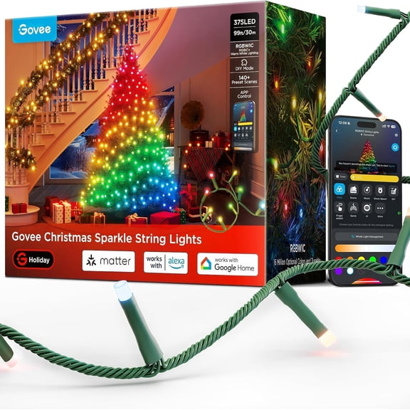 Govee Christmas Sparkle String Lights, RGBWIC String Lights with 375 Bullet-Head LEDs, Indoor&Outdoor Holiday Decorations, 99ft