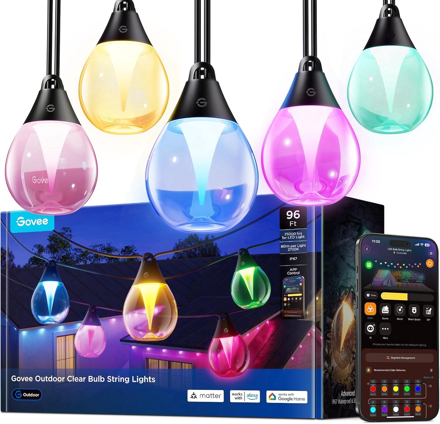 Govee Clear Bulb Outdoor String Lights, 96ft RGBWIC Dimmable Patio & Backyard Lights with 30 LED Bulbs
