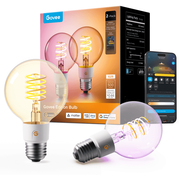 Govee Edison Bulbs, Smart Vintage Light Bulbs, RGBWW Color Changing and Tunable White, Compatible with Matter, Alexa & Google Assistant, G25 Vanity Light Bulb for Living Room Kitchen E26 Base 2 Pack