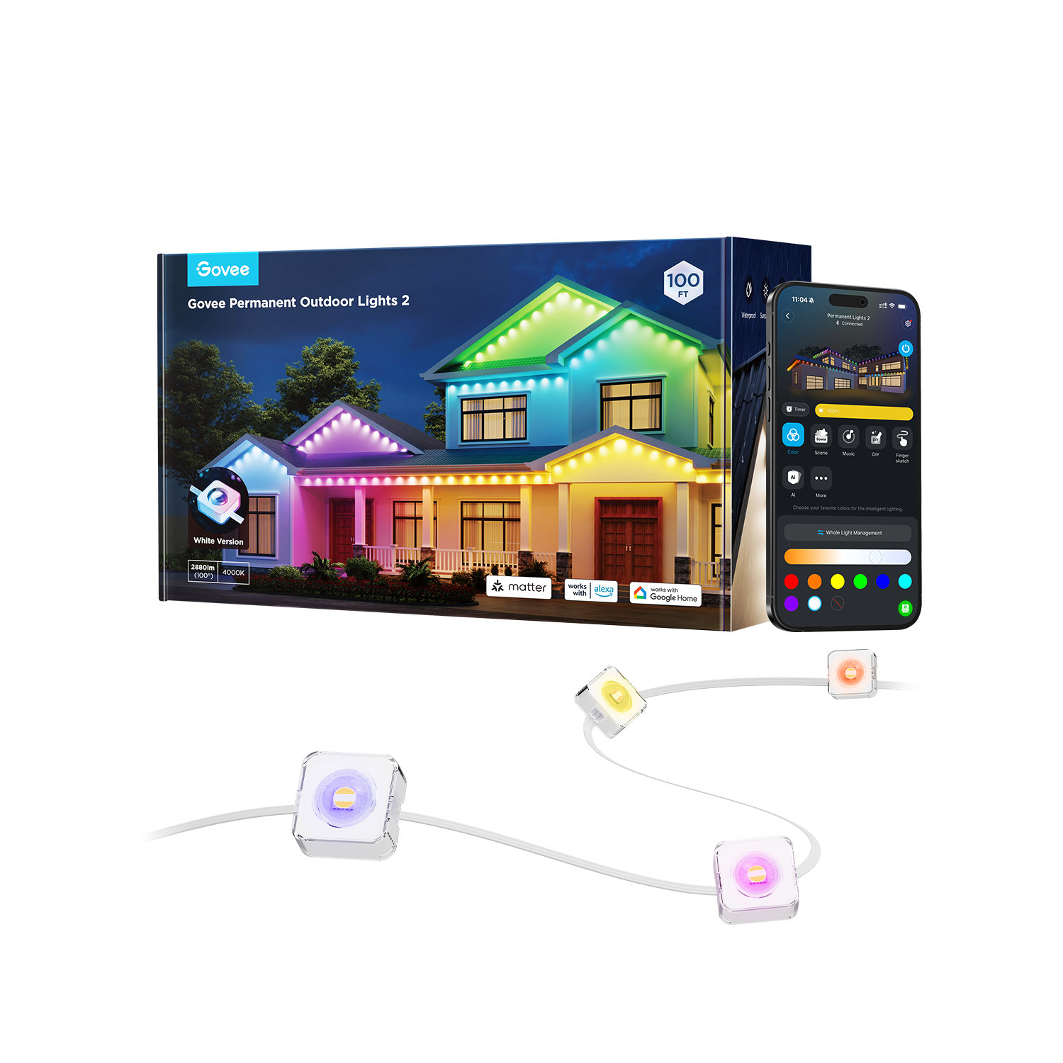 Govee Outdoor Permanent Lights 2 (Elite), Smart Outdoor String Lights for House, H805AA01,RGBIC Smart Outside Lights with 65 Scene Modes,IP67 Waterproof, 100ft for Christmas, Holiday Decorations