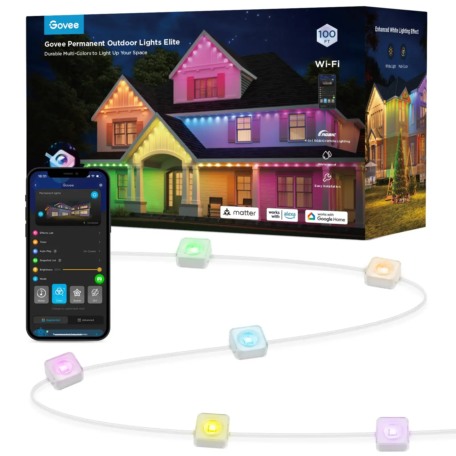 Govee Outdoor Permanent Lights, Smart Outdoor String Lights for House, H805AA01,RGBIC Smart Outside Lights with 65 Scene Modes,IP67 Waterproof, 100ft for Christmas, Holiday Decorations,Smart App