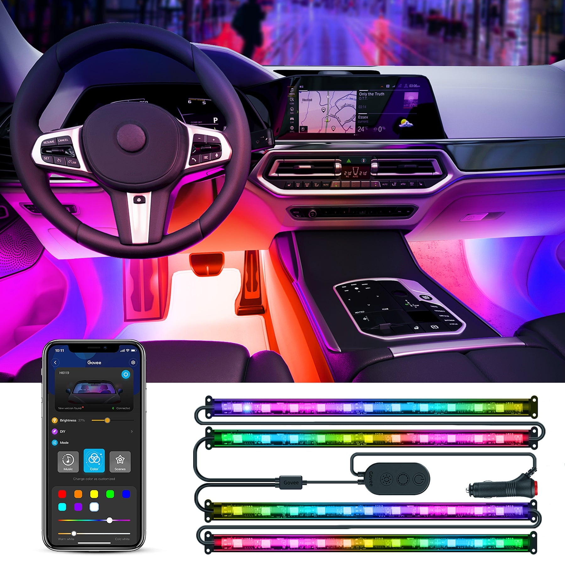 Govee Interior Car LED Lights,RGBIC Color Changing Effect,Smart APP Control,4 Music Mode,4 Pack,0.98 Ft