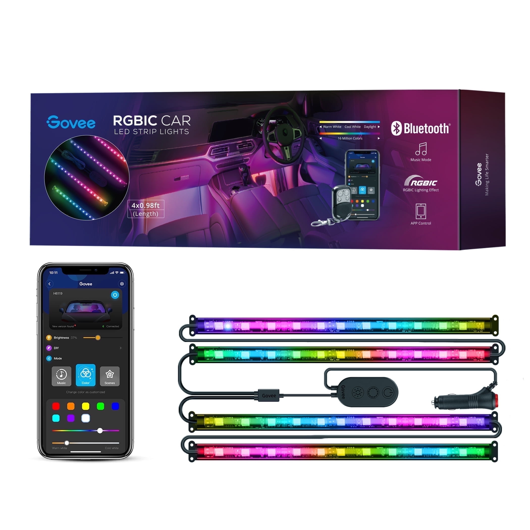 Govee 0.98 Ft LED RGBIC Interior Car Lights, Smart Control, 4 Pack, Color Changing