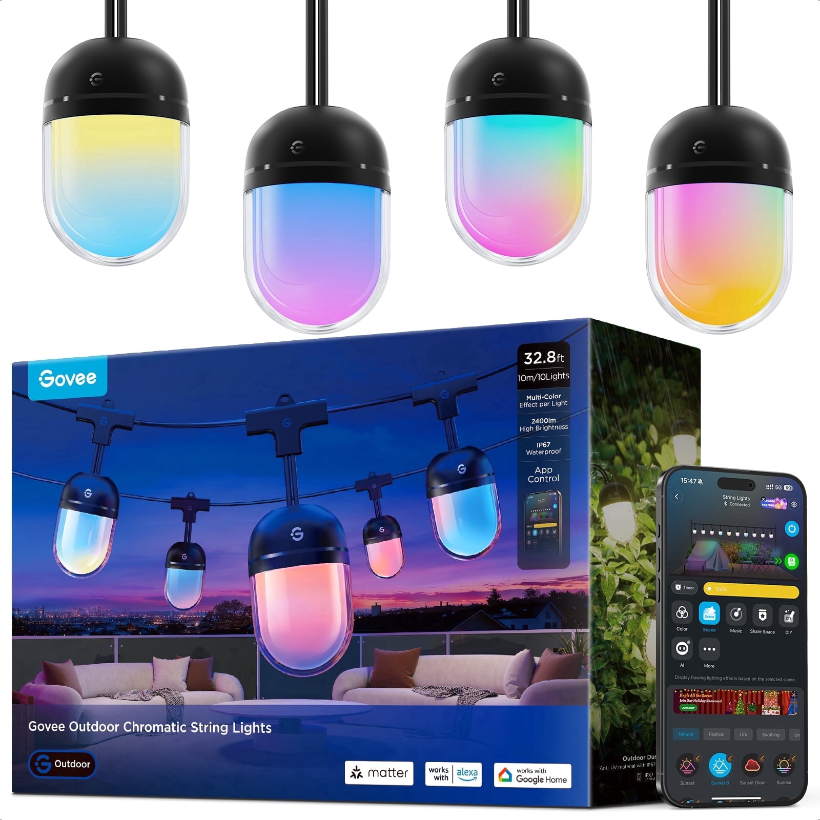 Govee 32.8ft RGB Outdoor String Lights, IP67 Waterproof, 55 LED Bulbs, 111+ Scene Modes, Works with Alexa, Google, Matter