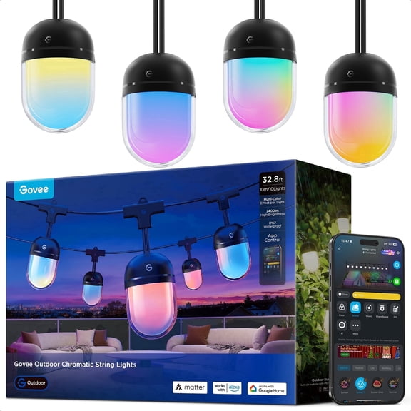 Govee 32.8ft RGB Outdoor String Lights, IP67 Waterproof, 55 LED Bulbs, 111+ Scene Modes, Works with Alexa, Google, Matter