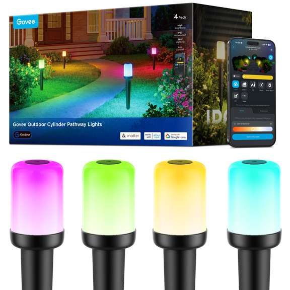 Govee Outdoor Cylinder Pathway Lights 4 Pack, 425lm Patio Lights, IP67 Waterproof, 60+ Preset Scene Modes, Outdoor Decor for Path, Patio, Garden, Lawn, Compatible with Alexa, Google Assistant, Matter