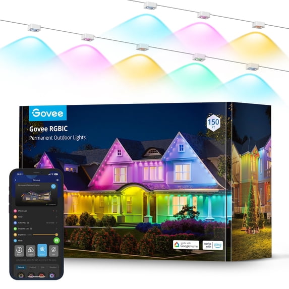 Govee Permanent Outdoor Lights, Smart RGBIC Outdoor Lights with 75 Scene Modes, 150ft with 108 LED Lights, IP67 Waterproof for Patio Decorations, Work with Alexa, Google Assistant, White