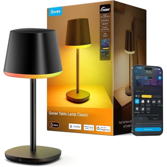 Govee Cordless Smart LED Table Lamp, RGBIC Rechargeable Table Lamp for Bedroom, Living Room