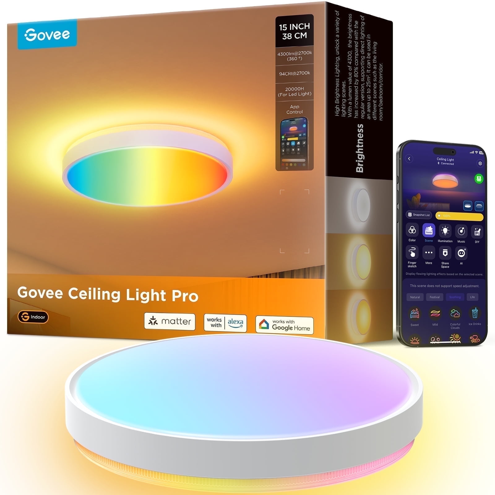 Govee Smart 15inch RGBICWW Ceiling Light Pro, 4300lm Warm White Cool Light Dimable For Kitchen, Colorful Lighting Effect For Bedroom, Living Room,Light Change With Music For Party