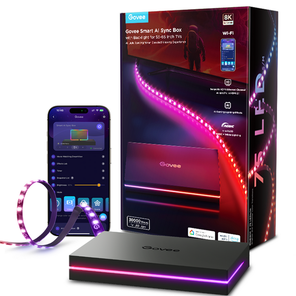 Govee Smart AI Sync Box with 1 HDMI For Gaming, Supports 8K@60Hz, 4K@144Hz, VRR and ALLM, Works with Matter and Alexa, RGBIC LED Light Strip for 55-65 inch TVs, 75 LEDs/m