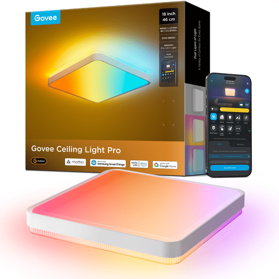 Govee Smart Ceiling Light Pro 18 Inch 4800LM, RGBICWW LED Ceiling Light Fixture, Flush Mount Light Fixture, DIY Colors, Works with Alexa, Matter, 2700K-6500K Lights for Living Room, Bedroom, Squre