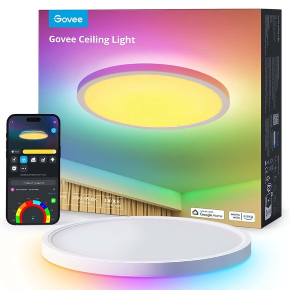 Govee Smart Ceiling Light, RGBIC LED Ceiling Light Fixture, 2400LM Flush Mount Light Fixture, DIY Colors, Works with Alexa, 2200K-6500K Ceiling Lights for Bedroom, Living Room, 12 Inch, 1 Pack