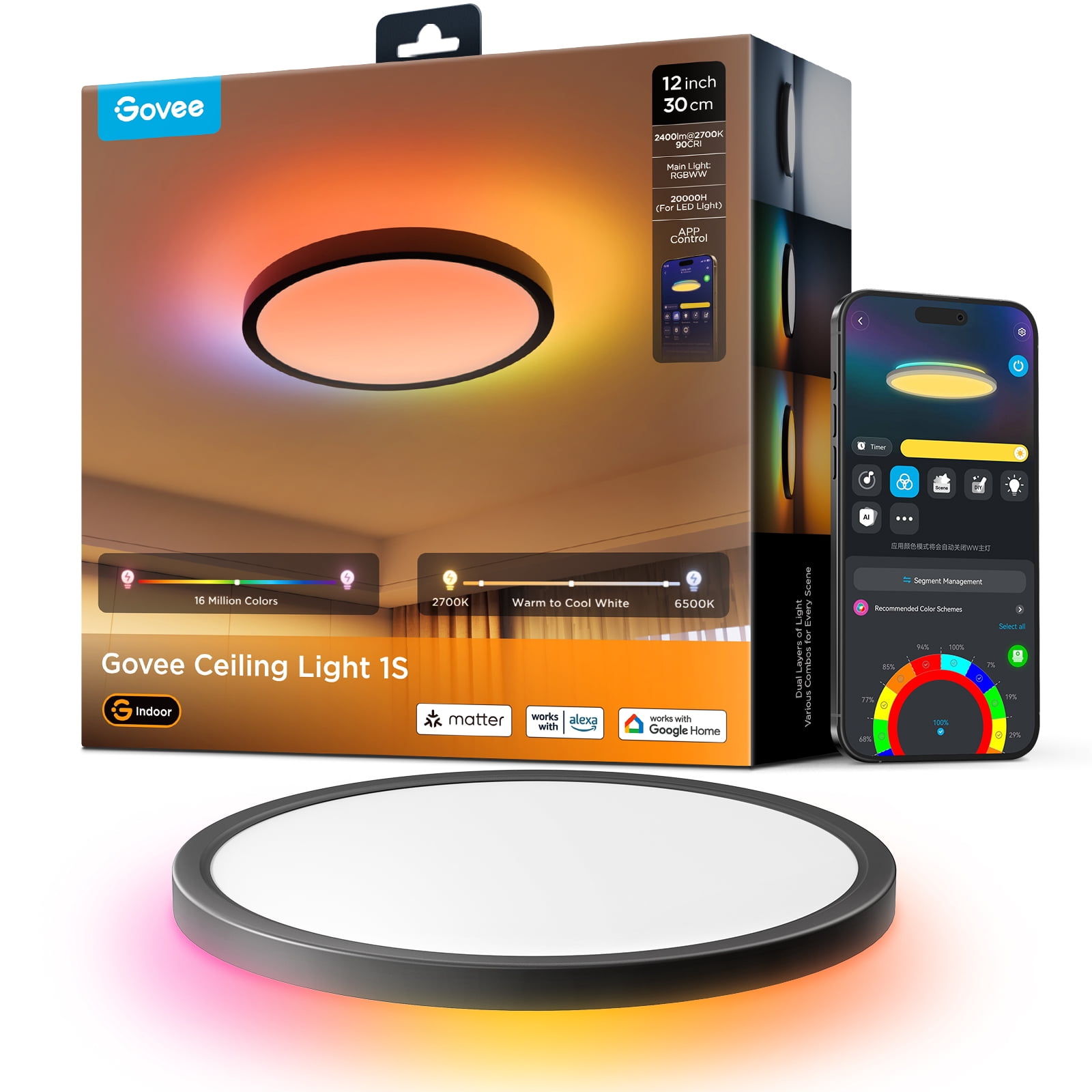 Govee Smart 12in RGBWW+RGBIC Ceiling Light Black