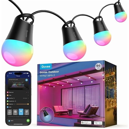 Govee Smart Outdoor String Lights 2, 96ft,RGBIC, Dimmable Warm White, 47 Scenes, IP65, Alexa,App Control