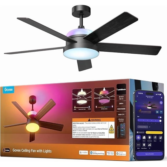 Govee Ceiling Fan with Lights, RGBIC Smart 52'' Low Profile Ceiling Fan with Lights and Remote, Reversible DC Motor, Dimmable, 2800lm, Ceiling Fan for Bedroom, Living Room, Black