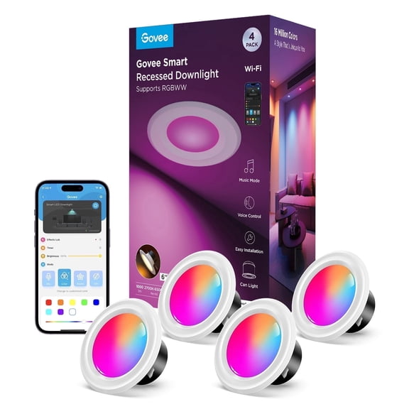 Govee Smart 6'' LED Retrofit Recessed Can Lights for Indoor Living Room, Ceiling Light, Dimmable, Color Changing, LED Light Bulbs, 4 Pack