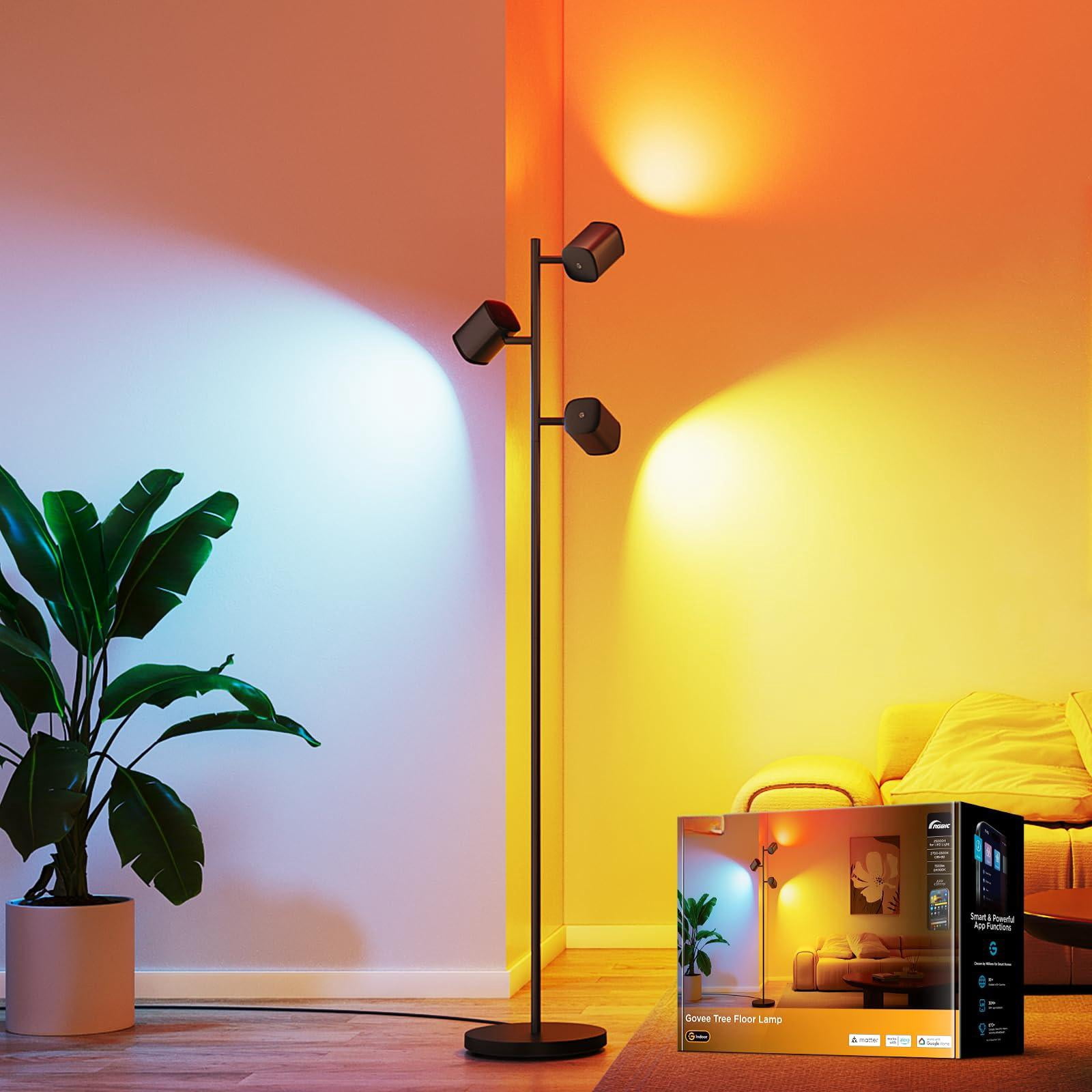Govee Tree Floor Lamp Compatible With Matter  3 Rotatable Lights Luminblend Technology Standing 64 Dynamic Scenes Music Sync Ideal For Living Room Bedroom Office