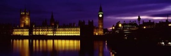 Government Building Lit Up At Night Big Ben And The House Of Parliament London England United Kingdom Canvas Art - Panoramic Images (36 x 12)