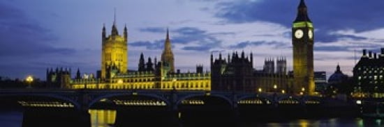 Government Building Lit Up At Night Big Ben And The Houses Of Parliament London England United Kingdom Canvas Art - Panoramic Images (36 x 12)