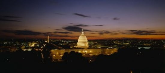 Government building lit up at night US Capitol Building Washington DC USA Canvas Art - Panoramic Images (30 x 14)