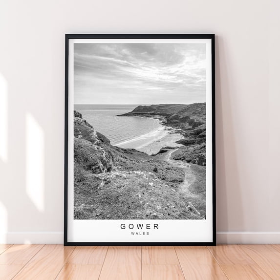 Gower Rhossili Fall Bay Black And White Minimalist Home Travel Poster ...