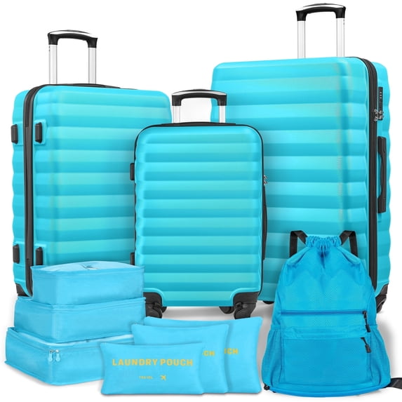 Gowill 10 Piece Hardside Luggage Set 28/24/20 inch Hardshell Lightweight Spinner Wheels Carry-on and Checked Suitcase with Backpack and 6 Packing Cubes.Blue